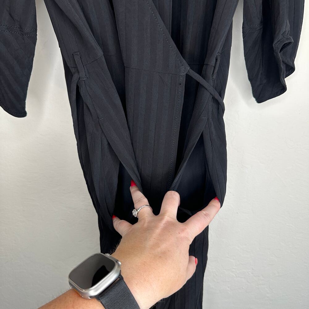 NWOT Everlane The City Stripe Puff Sleeve Black Ribbed Midi Wrap Dress 10 - Picture 5 of 15